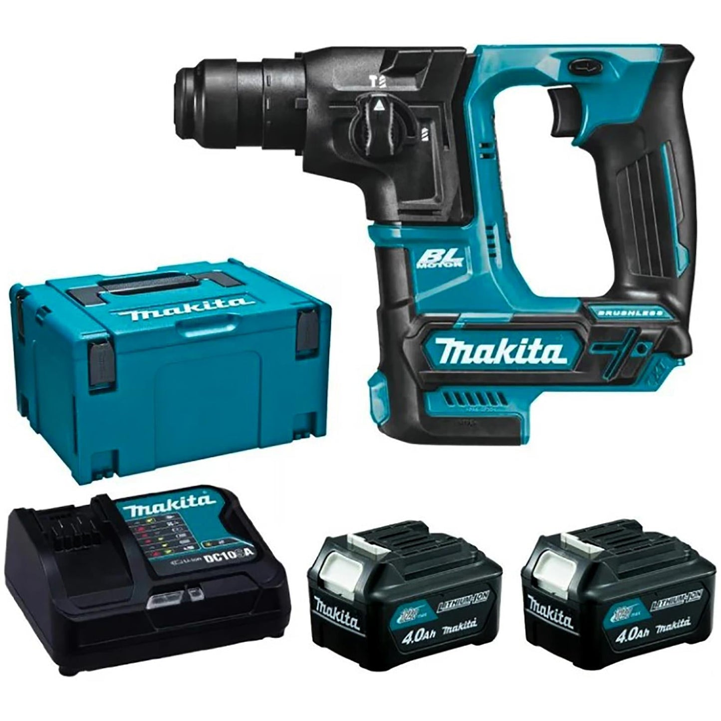 Makita Compact SDS+ Brushless Rotary Hammer Drill Set with 2x 4Ah Batteries, Charger, and Makpac Case